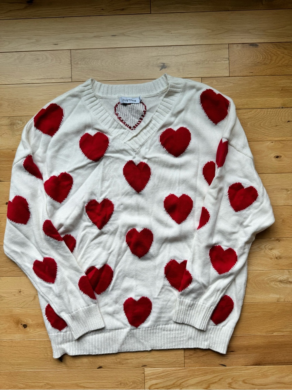 JustFab Cream V-Neck Sweater with Red Heart Pattern